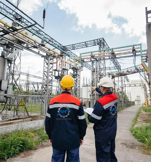 Engineers inspecting electrical substation